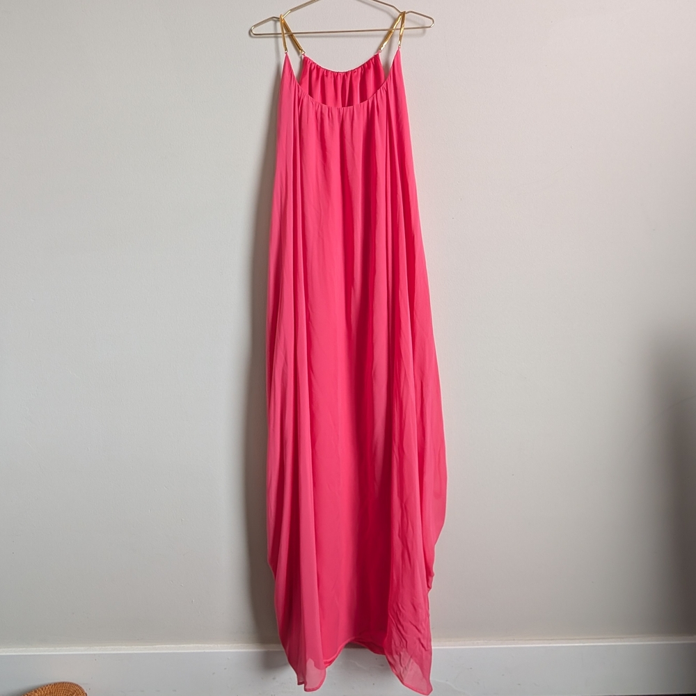 Trina Turk Blue Lagoon Maxi Dress Bright Pink Gold Straps 100% silk Sz 10 - Picture 3 of 6
